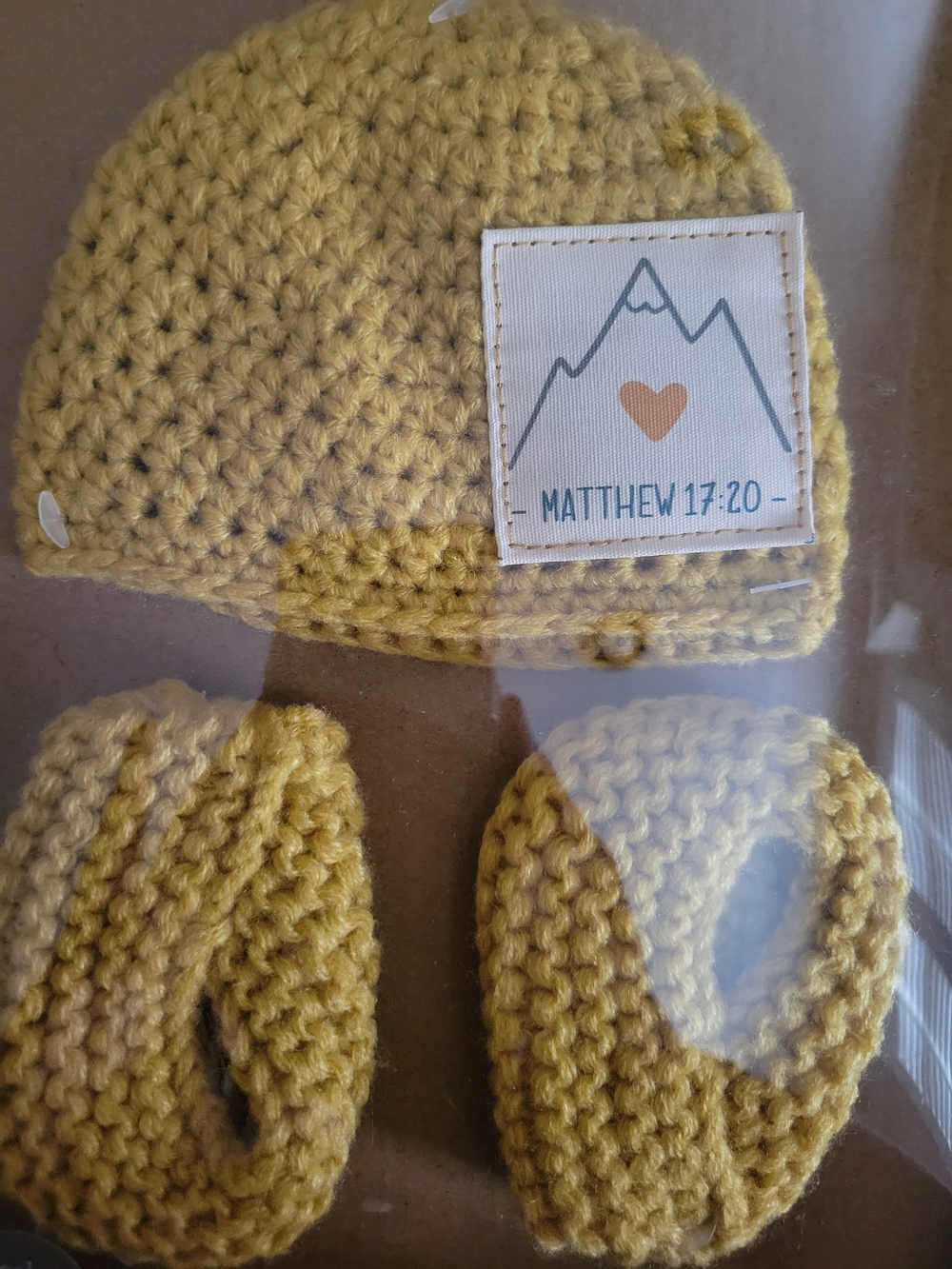 NWT Mustard Yellow Crochet Baby Hat & Booties with Matthew 17:20 Patch